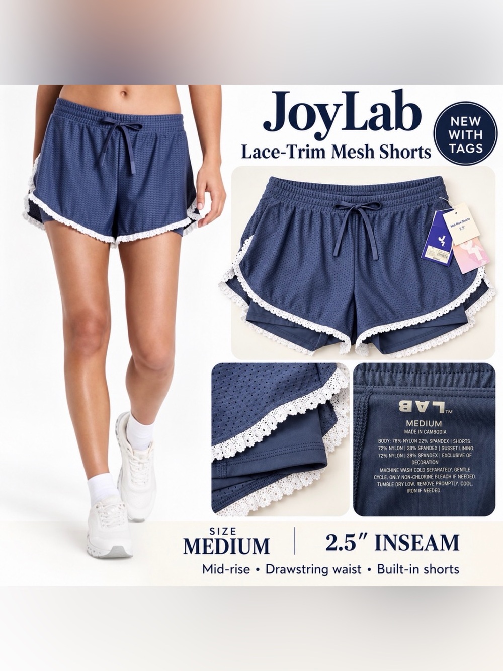 JoyLab Navy Blue Lace Trim Mesh Shorts Womenβs Medium NWT